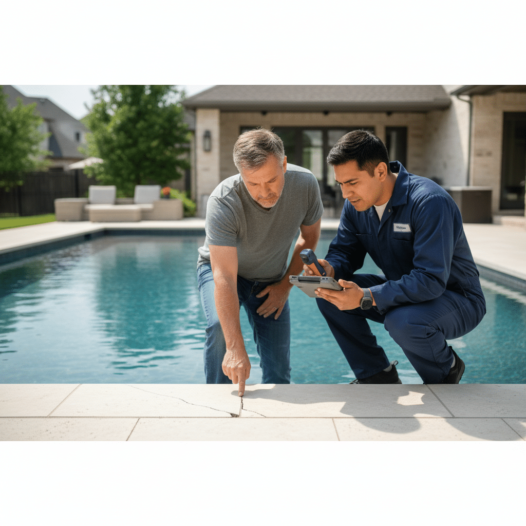 Decoding Your Pool's Warning Signs: When to Call the Pros for Pool Repair in Fort Worth A clean and well-lit image of a modern residential swimming pool. The water is slightly cloudy or there's a visible hairline crack on the pool's edge. A homeowner with a worried expression points towards the issue. Beside them, a professional pool repair technician, wearing a neat, plain work uniform, kneels and intently examines the problem area. The technician has a knowledgeable and calm demeanor, perhaps holding a small diagnostic tool or a tablet. The background is a subtly blurred, upscale backyard, suggesting a residential Fort Worth setting. The overall mood conveys problem identification and professional readiness to solve it.
