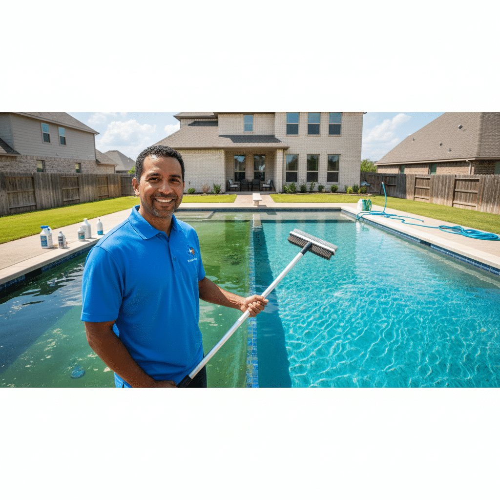 The prompt should be concise yet descriptive, focusing on visual elements rather than abstract concepts. Prioritize imagery related to the core subject: "Green Pool Cleaning," "DFW Expert Guide," and "Crystal-Clear Water." Consider the typical visual language of DIY guides and local expertise. The image should be professional, appealing, and relevant to homeowners seeking solutions. --- **Prompt for "How to Clean a Green Pool: Your DFW Expert Guide to Crystal-Clear Water":** A bright, sunny Dallas-Fort Worth backyard scene featuring a professional pool technician (ethnically diverse, 30s-40s) standing beside a swimming pool. The left half of the pool is murky green with visible algae, while the right half is sparkling, crystal-clear blue. The technician wears a professional polo shirt with a subtle DFW-themed logo (e.g., a small Texas star or skyline outline), smiling confidently and gesturing towards the clean side of the pool with one hand, holding a pool cleaning tool (like a brush or net) in the other. In the background, a modern DFW suburban house and mature landscaping under a clear blue sky. The overall impression is one of expertise, transformation, and local reliability.