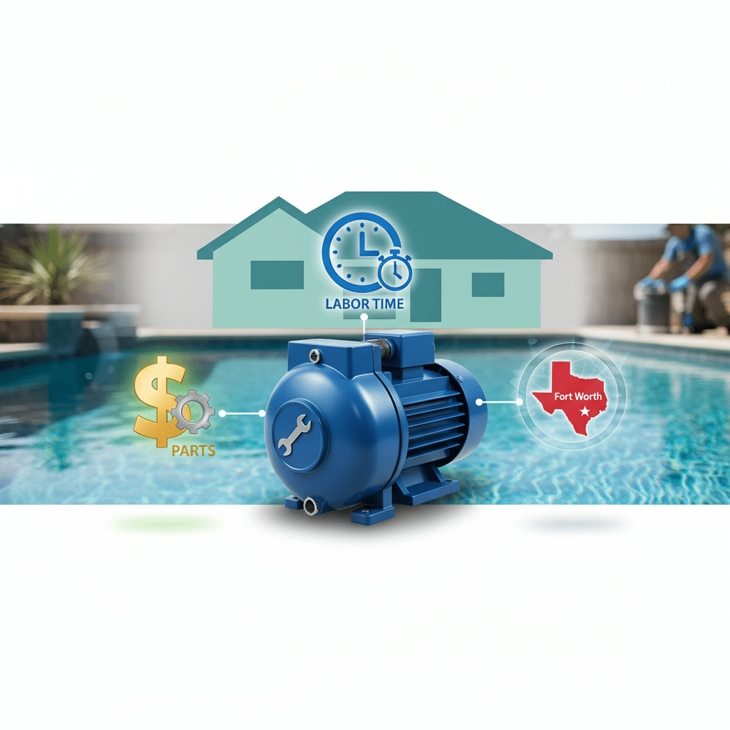 --- **Prompt:** A visually balanced and informative infographic style image. Dominant elements are a stylized, clear blue swimming pool pump with a small, visible wrench icon, and a simplified house silhouette in the background. Around the pump, several concise, modern infographic elements illustrate cost factors: a dollar sign icon next to a gear for parts, a clock icon next to a stopwatch for labor time, and a small map pin icon with "Fort Worth" for locality. The overall aesthetic is clean, professional, and trustworthy with a palette of blues, greens, and subtle grays, evoking transparency and clarity. No overlay text.
