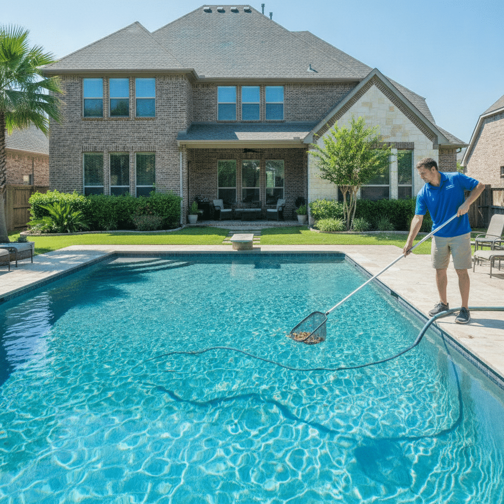 Pool technician skimming a clean backyard swimming pool in Fort Worth, Texas